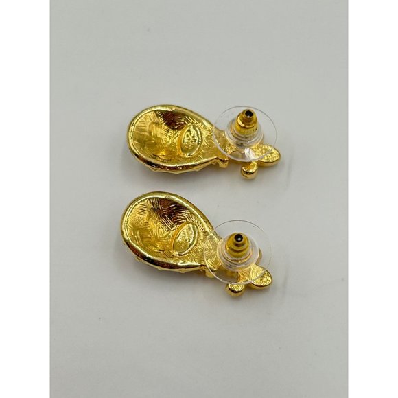 Vintage Signed Joan Rivers Eggs Earrings Pastel Rhinestones Golden Fleur De Lis - Picture 3 of 5